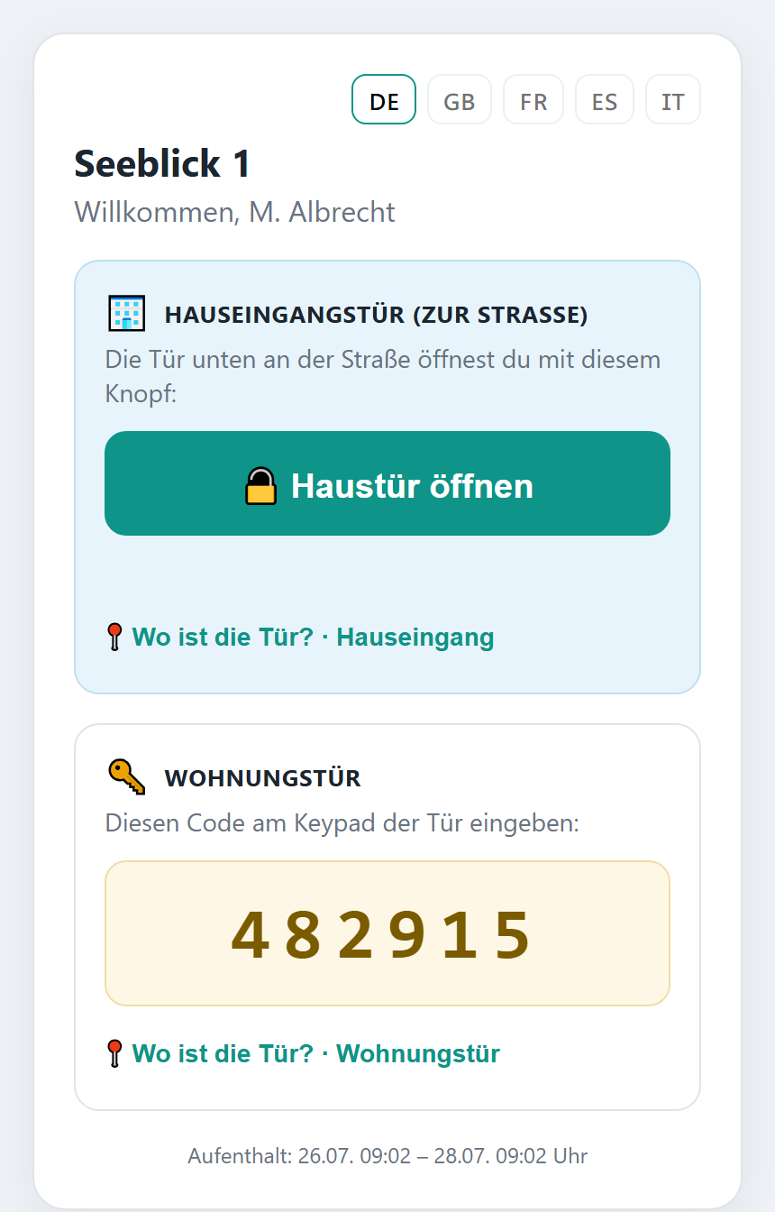 Gast-Ansicht mit Zutrittscode, Öffnen-Knopf und Türinformationen
